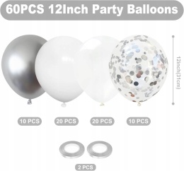 Balony Dekoracja Balonowa urodzinowa imprezowa Biały srebrny 30cm 60szt