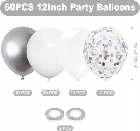 Balony Dekoracja Balonowa urodzinowa imprezowa Biały srebrny 30cm 60szt