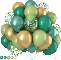 Balony lateksowe na urodziny zielone złote z konfetti 35 szt 30 cm