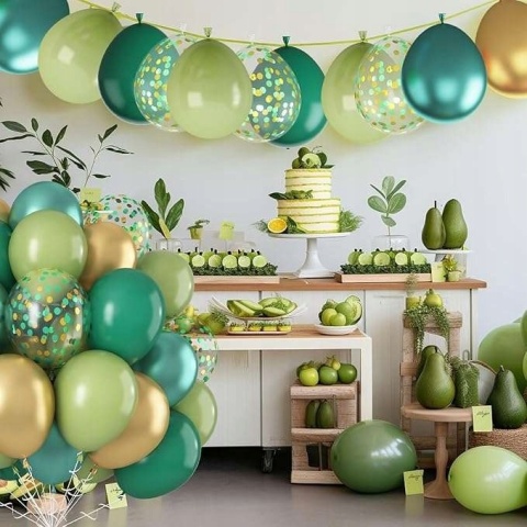 Balony lateksowe na urodziny zielone złote z konfetti 35 szt 30 cm