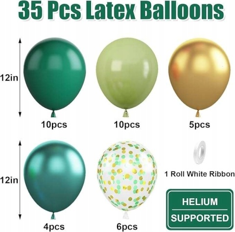 Balony lateksowe na urodziny zielone złote z konfetti 35 szt 30 cm