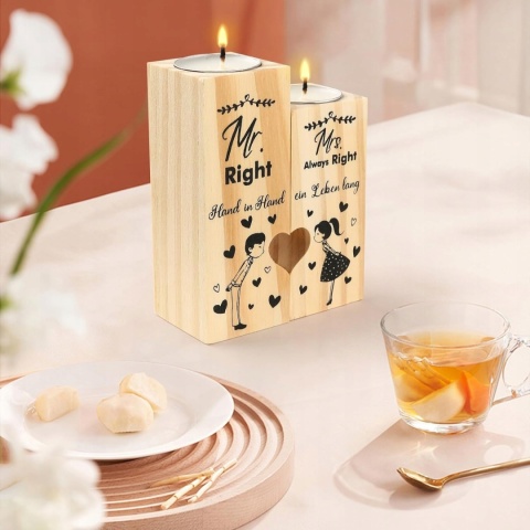 Drewniany świecznik Mr.Right & Mrs. Always Right prezent ślubny