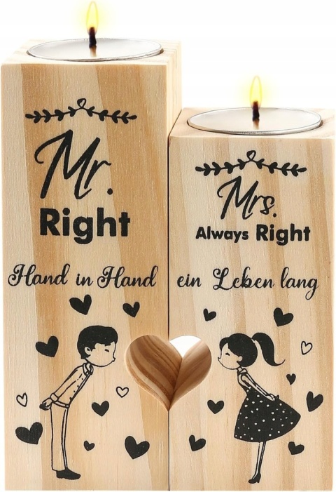 Drewniany świecznik Mr.Right & Mrs. Always Right prezent ślubny