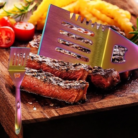 Łopatka Szpatułka Kuchenna Metalowa do grilla z Otworami Tęczowa 37,50cm