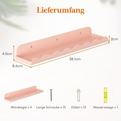 Półki ścienne Wiszące Plastikowe w Stylu nowoczesnym Zestaw 4szt Różowy