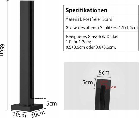 Słupek końcowy balustrady szklanej stal nierdzewna 65x10x10cm czarny mat
