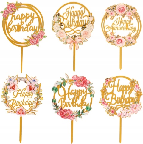 Topper na Tort Napis Happy Birthday z Kwiatami na Piku Dekoracja 6szt Złoty