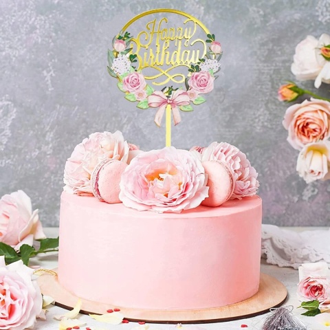 Topper na Tort Napis Happy Birthday z Kwiatami na Piku Dekoracja 6szt Złoty
