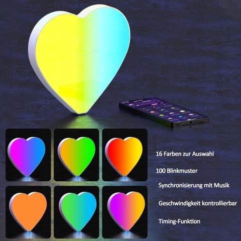 Lampka nocna LED RGB w kształcie serca swiecąca w rytm muzyki 16 cm