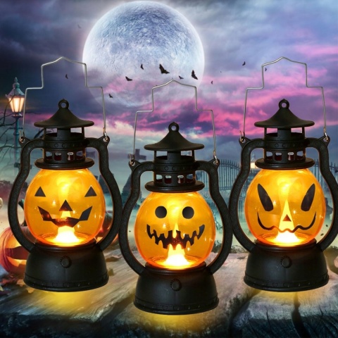 Latarnia na Halloween dekoracja świecąca na baterie wzór dyni 3 sztuki