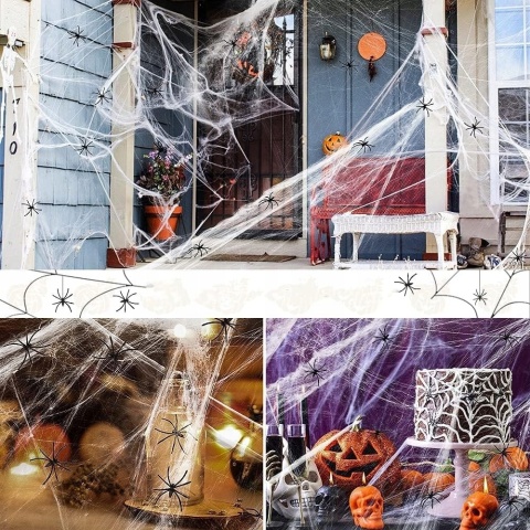 Pajęczyna sieć pająka dekoracja na Halloween 100g + plastikowe pająki 30szt