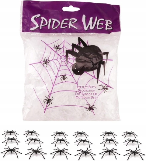 Pajęczyna sieć pająka dekoracja na Halloween 100g + plastikowe pająki 30szt