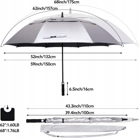 Parasol golfowy UV 62 cale na deszcz i wiatr automatyczny XXL