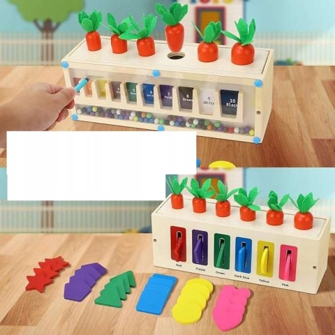 Sorter edukacyjny 3w1 drewniany do nauki kolorów kształtów i liczenia 36m+