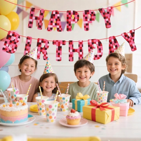 Baner Happy Birthday czerwony dekoracja urodzinowa na imprezę dla dzieci