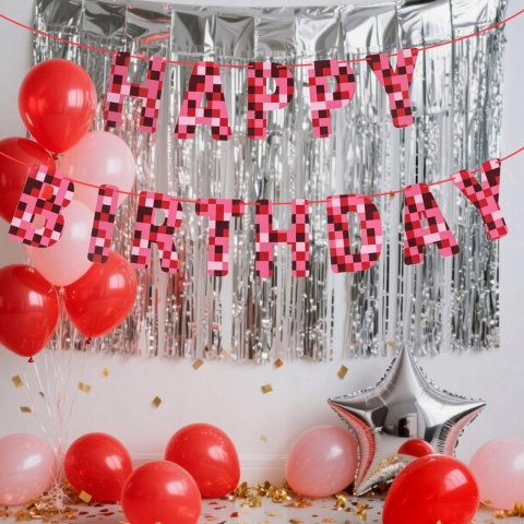 Baner Happy Birthday czerwony dekoracja urodzinowa na imprezę dla dzieci