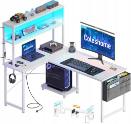 Biurko Gamingowe Narożne LED USB 110x80 Białe L