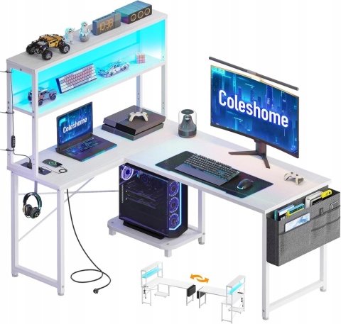 Biurko Gamingowe Narożne LED USB 110x80 Białe L