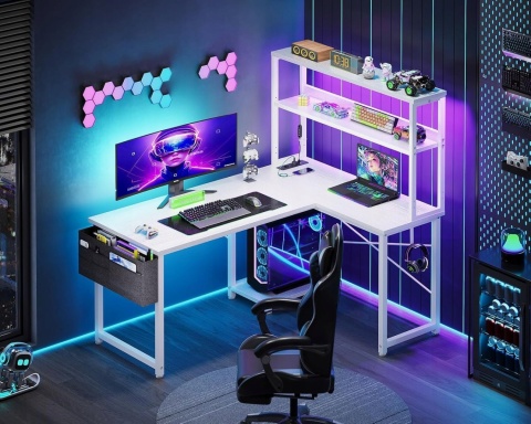 Biurko Gamingowe Narożne LED USB 110x80 Białe L