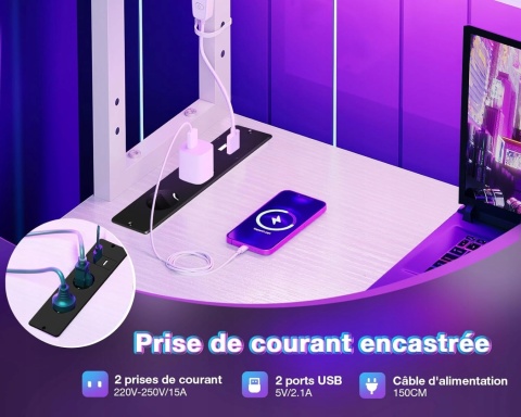 Biurko Gamingowe Narożne LED USB 110x80 Białe L