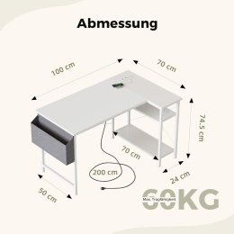Biurko narożne L z gniazdkami i USB do komputera gamingowe białe