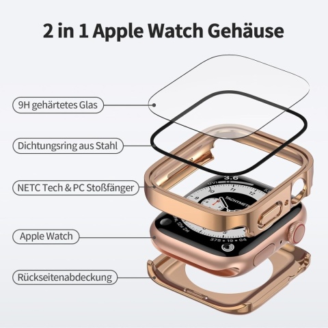 Etui Apple Watch 44mm Złote Wodoodporne Szkło Hartowane