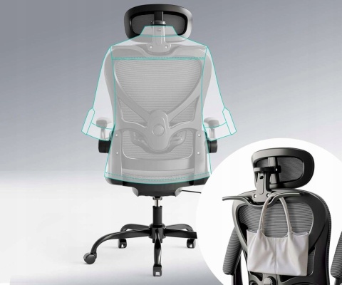 Krzesło biurowe ergonomiczne czarne 3D zagłówek podparcie lędźwi