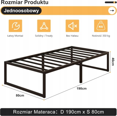 Łóżko Metalowe 80x190 cm Stelaż Stalowy Do Materaca Czarne