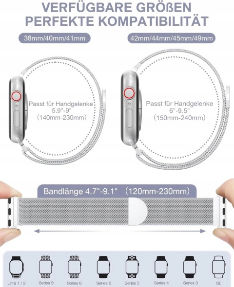 Pasek do Apple Watch stal nierdzewna magnetyczny 38 40 41 mm srebrny