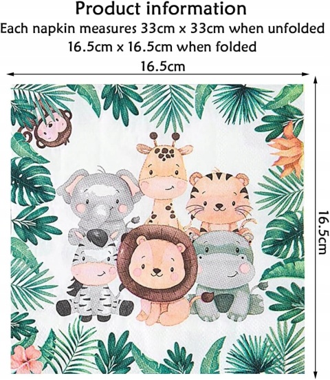 Serwetki Urodzinowe Dzungla Safari Zwierzeta 40 Sztuk 33 cm