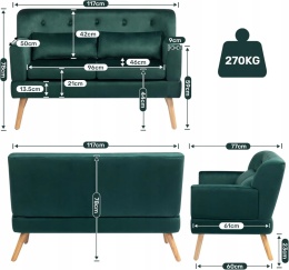 Sofa Dwuosobowa Zielona Aksamitna 117 cm Do Salonu Biura