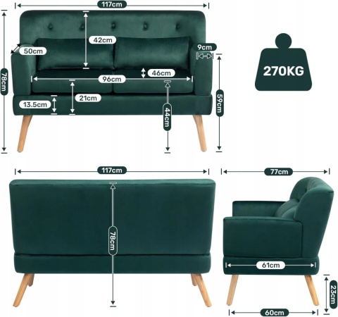 Sofa Dwuosobowa Zielona Aksamitna 117 cm Do Salonu Biura