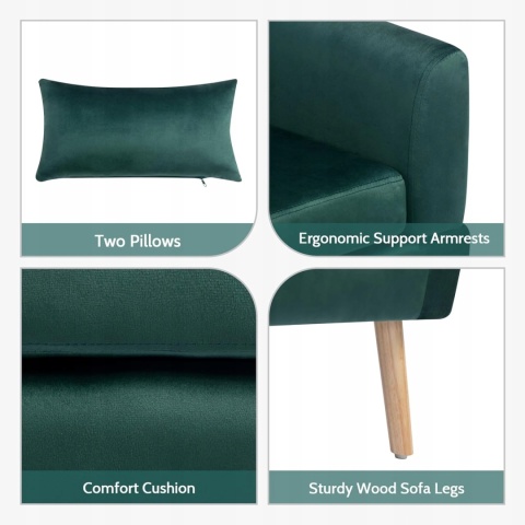 Sofa Dwuosobowa Zielona Aksamitna 117 cm Do Salonu Biura