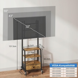 Stojak pod telewizor 32 do 55 cali mobilny z półkami brązowy