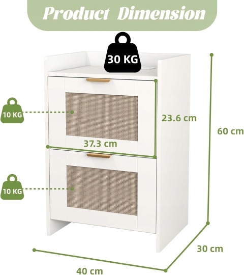 Stolik nocny z ładowarką i USB 2 szuflady rattan biały