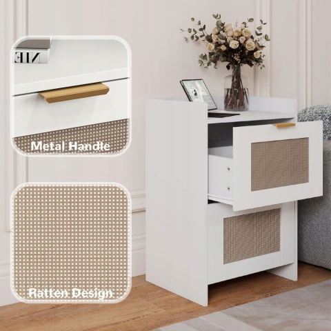 Stolik nocny z ładowarką i USB 2 szuflady rattan biały