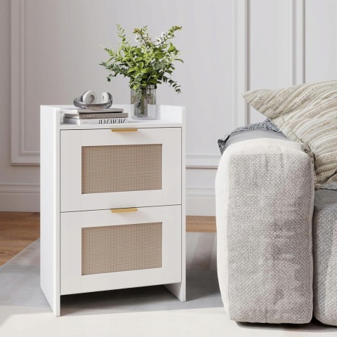 Stolik nocny z ładowarką i USB 2 szuflady rattan biały