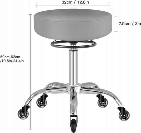 Taboret na kółkach obrotowy 360° z regulacją wysokości do 180 kg szary