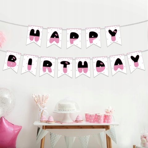 Baner Urodzinowy Happy Birthday Kokarda Różowy Dekoracja SAVITA