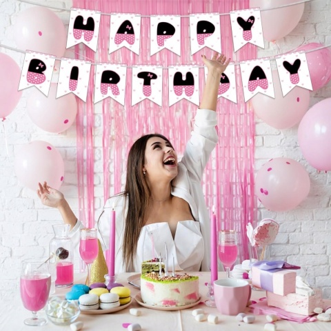 Baner Urodzinowy Happy Birthday Kokarda Różowy Dekoracja SAVITA