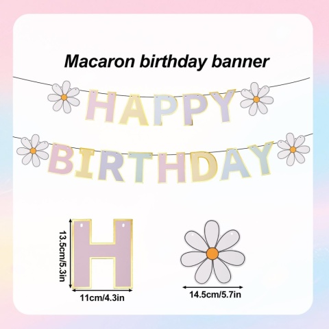 Baner Urodzinowy Happy Birthday Pastel Kwiaty Daisy Dekoracja DIY