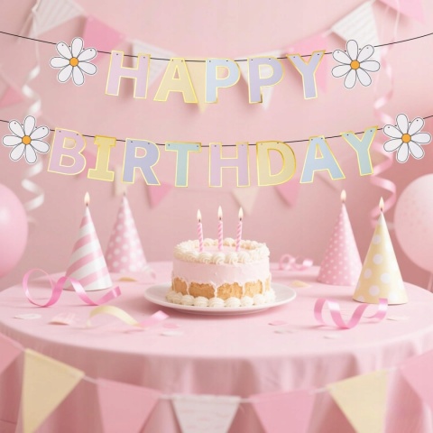 Baner Urodzinowy Happy Birthday Pastel Kwiaty Daisy Dekoracja DIY