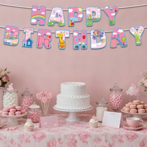 Baner Urodzinowy Różowe Zwierzątka Happy Birthday SAVITA Gotowy
