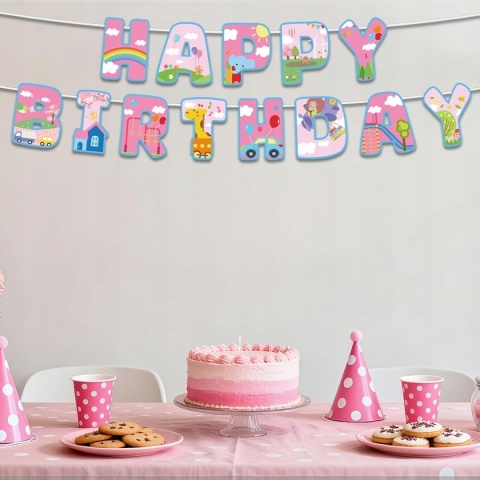 Baner Urodzinowy Różowe Zwierzątka Happy Birthday SAVITA Gotowy