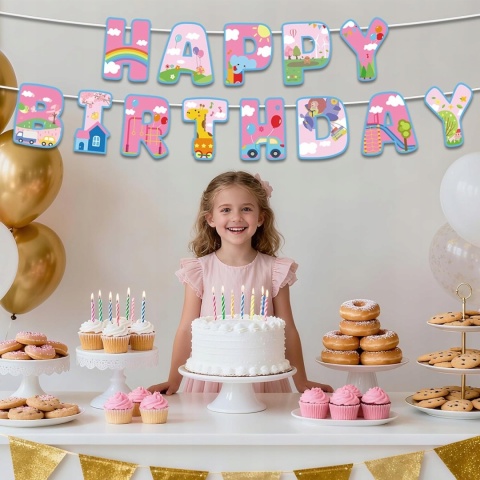 Baner Urodzinowy Różowe Zwierzątka Happy Birthday SAVITA Gotowy