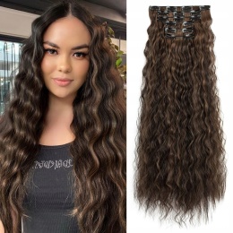 Doczepiane Włosy Clip In Falowane 6 Pasm 61 cm Ciemny Brąz Pasemka