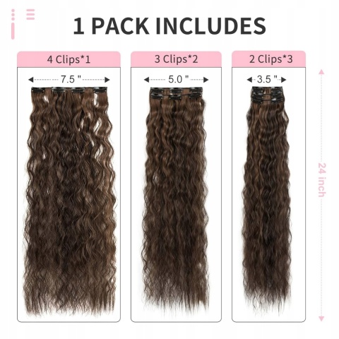 Doczepiane Włosy Clip In Falowane 6 Pasm 61 cm Ciemny Brąz Pasemka