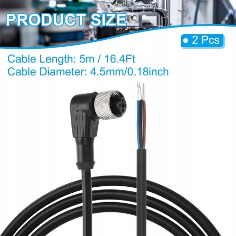Kabel M12 4-Pin 5m Gniazdo Żeńskie Kątowe do Czujników Automatyki 2 szt