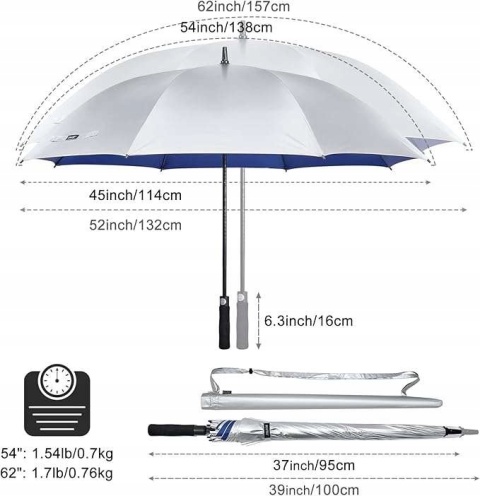 Parasol golfowy Automatyczny Przeciwsłoneczny Duży 114cm Srebrny Niebieski