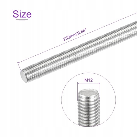 Pręt Gwintowany M12 x 250 mm Stal Nierdzewna A2 304 Pełny Gwint INOX